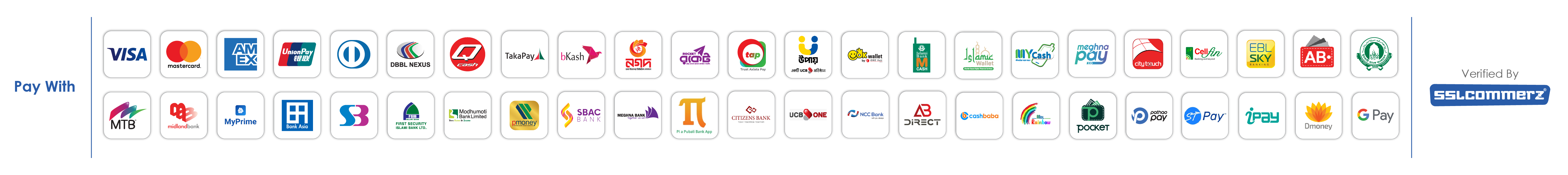 Accepted card, bank and mobile payment methods, verified by SSLCommerz